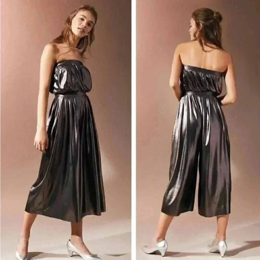 Urban Outfitters Shiny Pleated Silver Jumpsuit